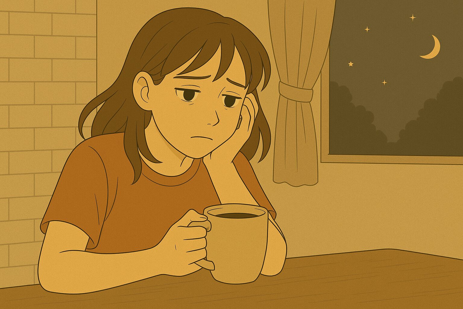 悩みながらコーヒーを飲む女性