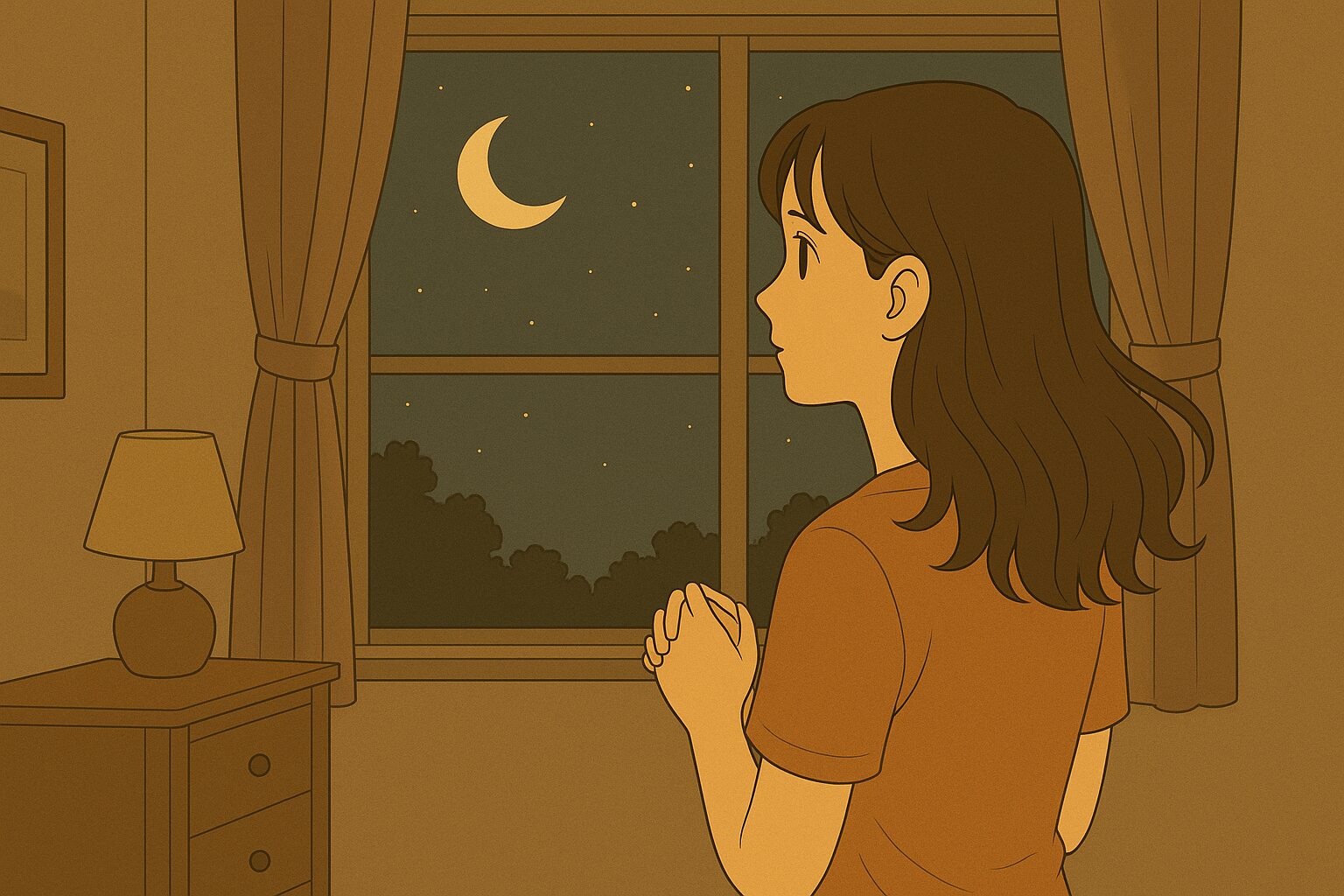 部屋から月を眺める女性